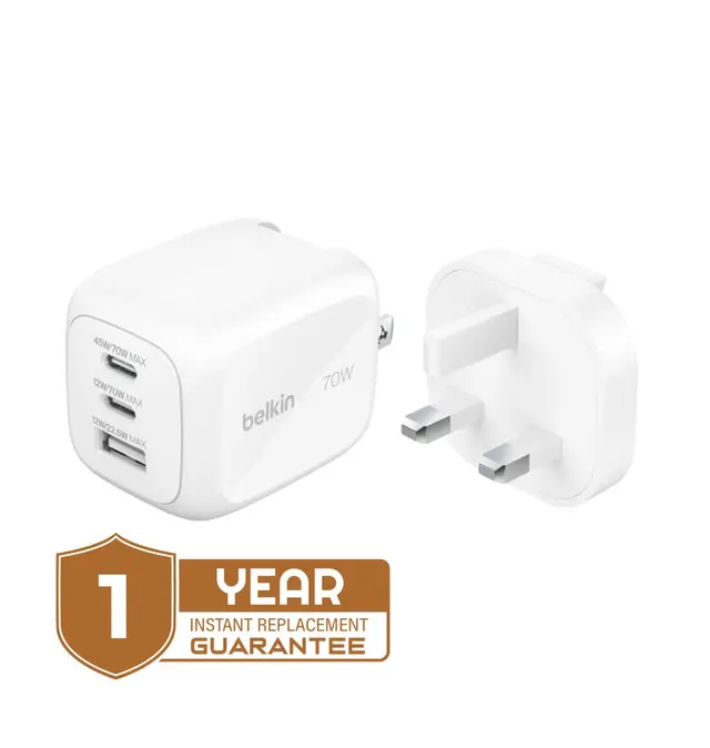 Belkin BoostCharge Pro 3-Port GaN Wall Charger 70W with Interchargeable Plug Tip